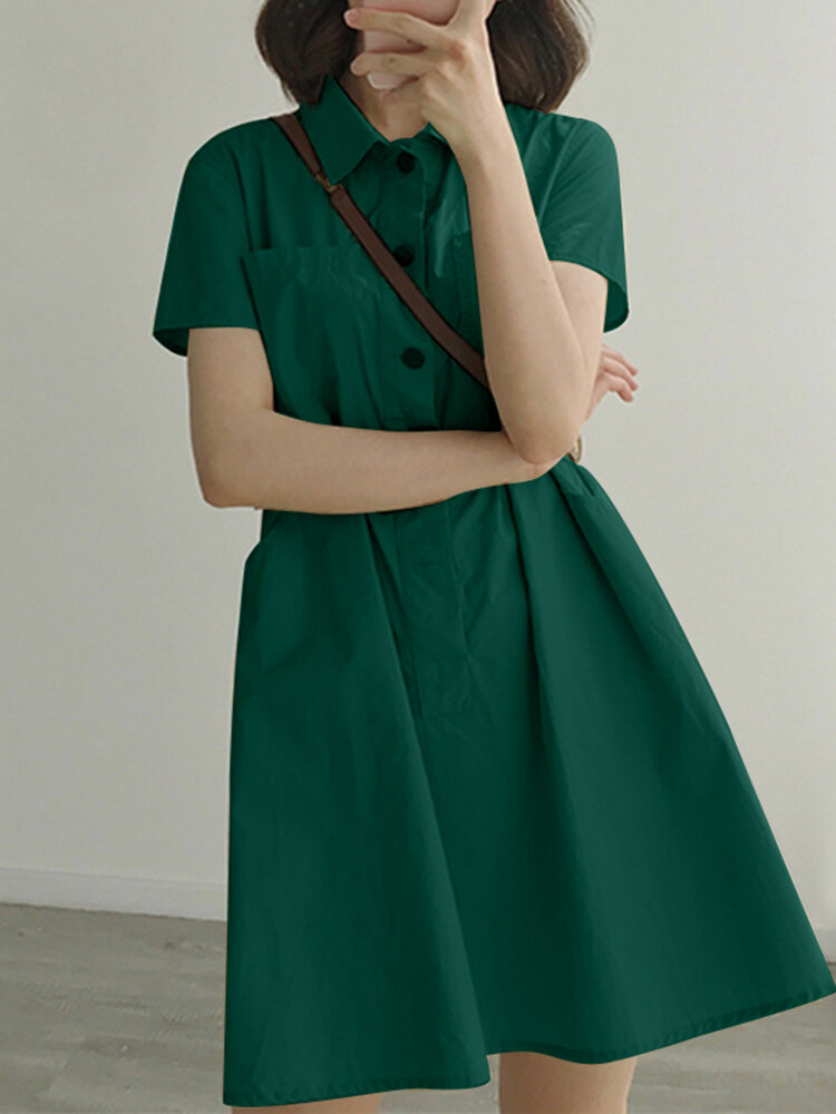 VONDA Solid Color Short Sleeve Pockets Lapel Casual Dresses