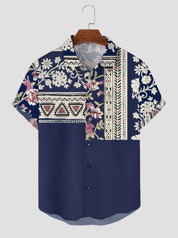Camisas masculinas vintage com estampa floral patchwork lapela manga curta inverno