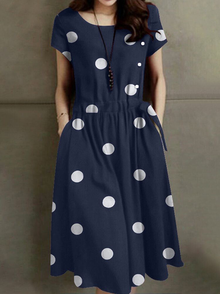 Dot Print Drawstring Waist Pocket Short Sleeve Dress
