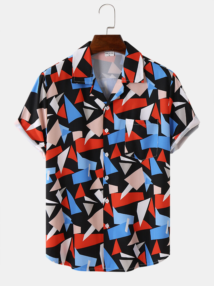Mens Colorful Geometric Print Revere Collar Short Sleeve Shirts