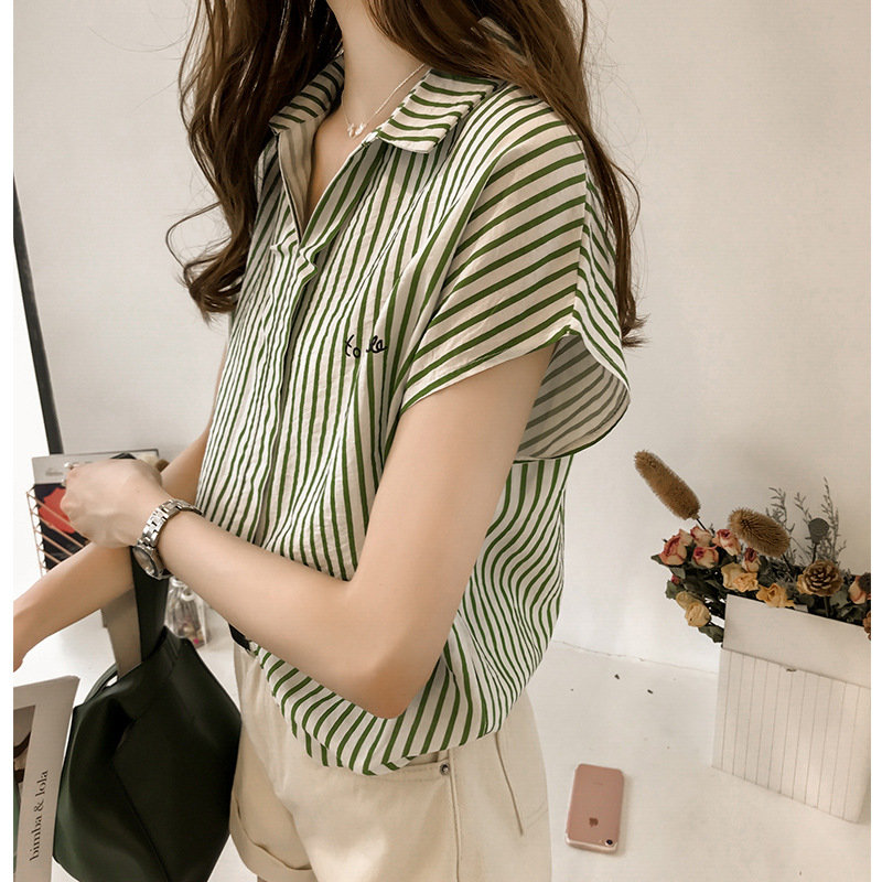 Striped Letter Printed Short Sleeve Loose Shirt