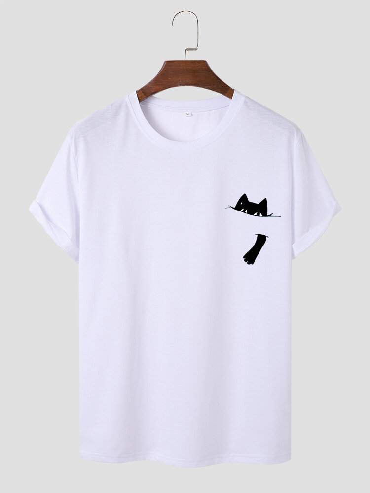 Mens Cartoon Cat Chest Print Casual Short Sleeve T-Shirts