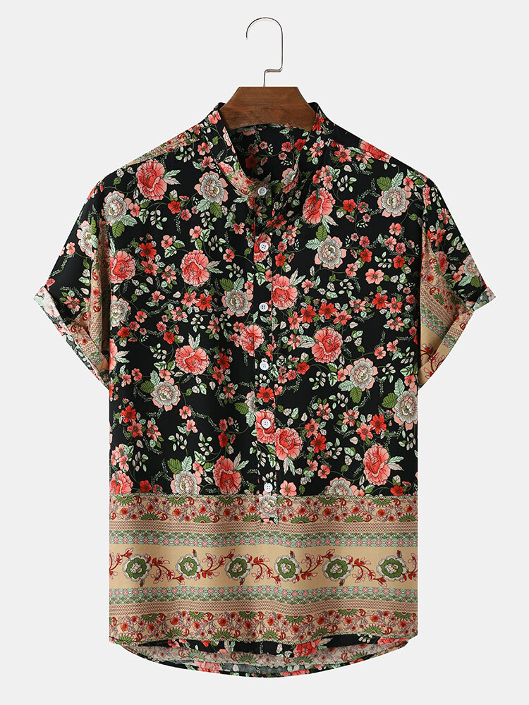 Mens Vintage Ditsy Floral Print Half Button Short Sleeve Henley Shirts