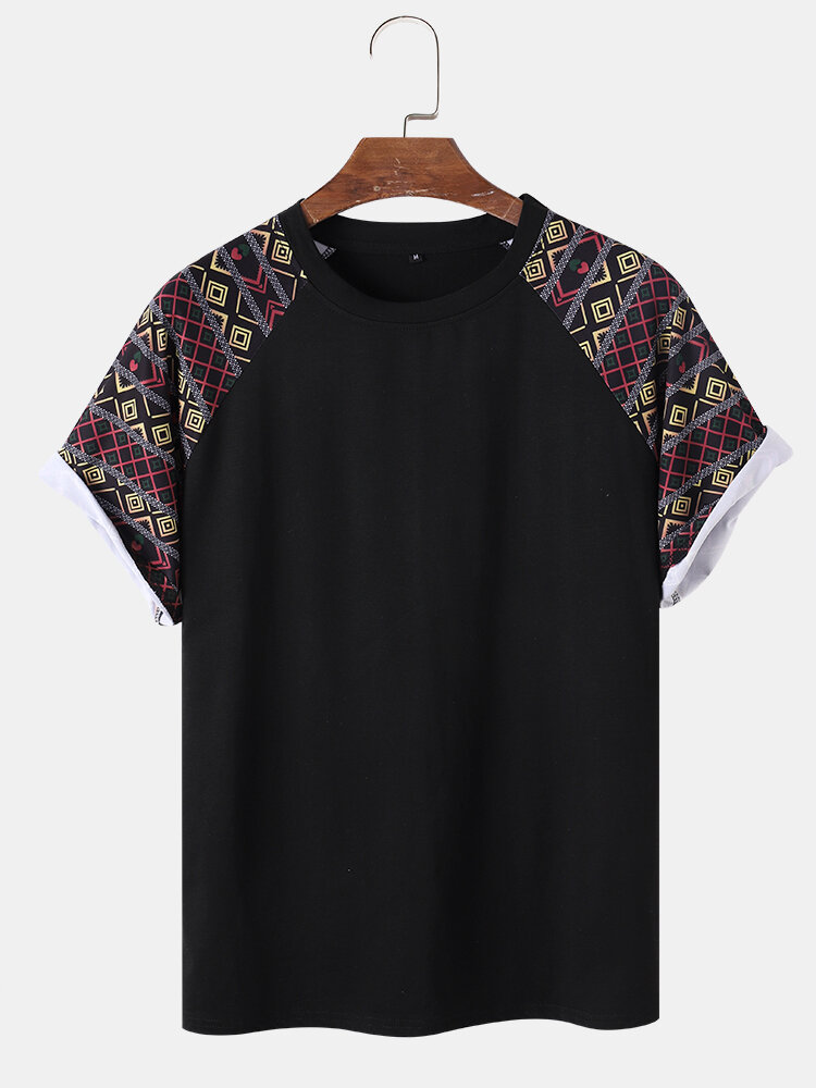 

Mens Tribal Geometric Print Round Neck Short Raglan Sleeve T-Shirts, Black