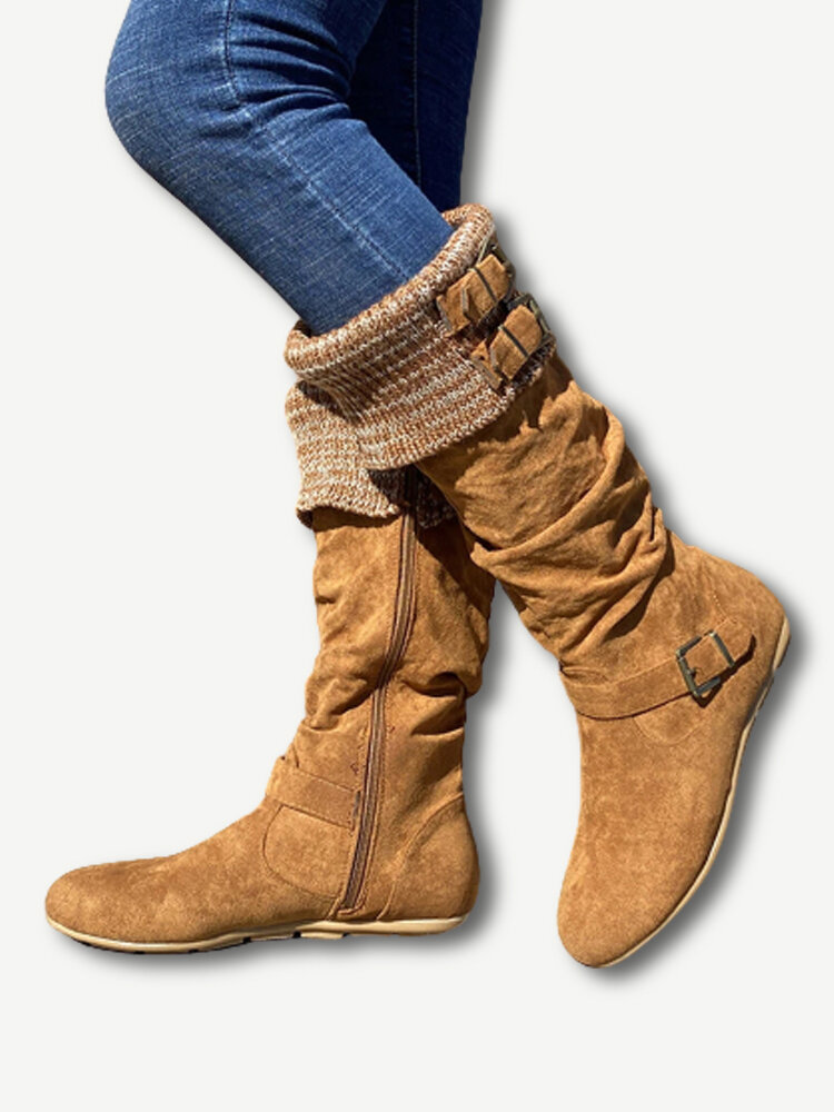Women's Plus Size Buckle Decor Suede Woolen Warm Zipper Flat Knee Boots