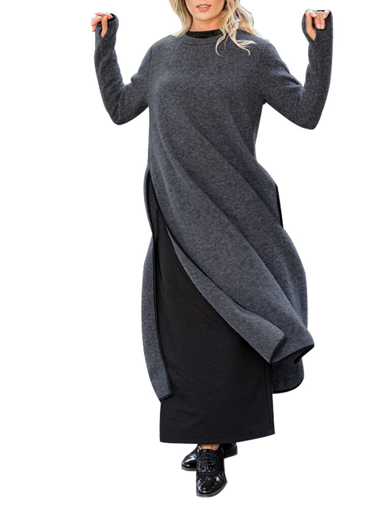 Solid Color Splited Long Sleeve O-neck Casual Dress For Women