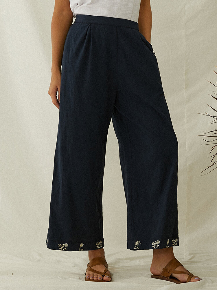 Floral Embroidery Elastic Waist Pants With Pocket