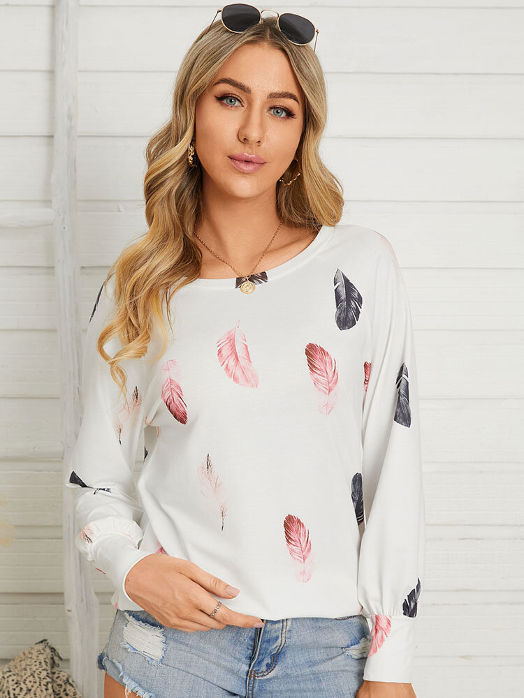 Feather Print Long Sleeve Crew Neck T-shirt For Women