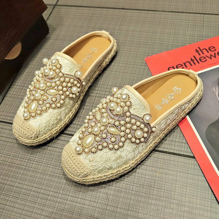 Women Pearl Decor Lace Print Decoration Flats Loafers