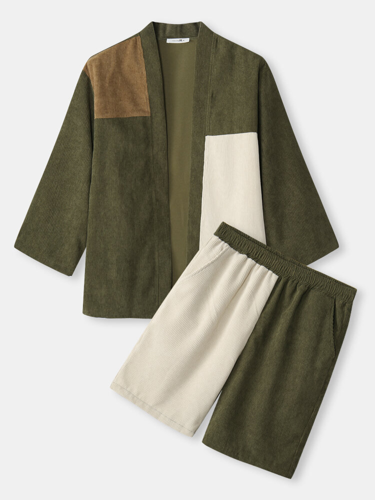 

Mens Corduroy Tricolor Patchwork Kimono Shorts Casual Two Pieces Outfits, Army green