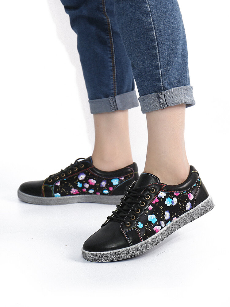 SOCOFY Floral Printed Comfy Wearable Lace Up Casual Sneakers