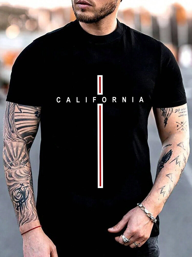 Camisetas informales de manga corta con estampado de líneas y letras para hombre Cuello