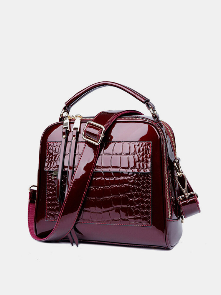 Patent Leather Crocodile Pattern Handbag Shell Solid Leisure Crossbody Bag