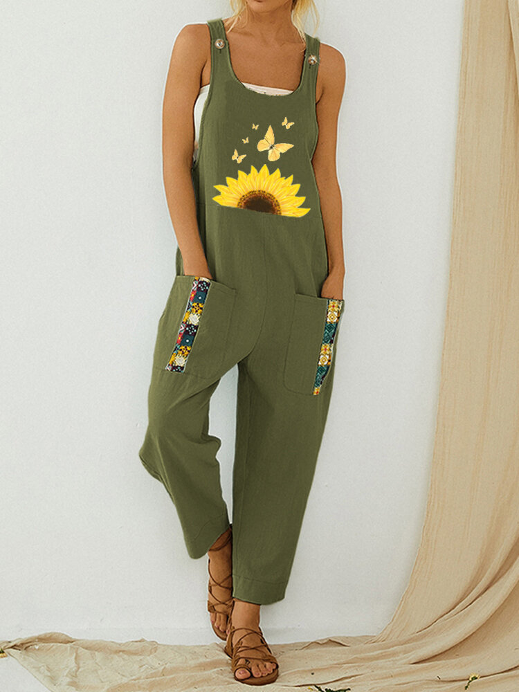 Daisy Butterfly Printed Patchwork Straps Jumpsuit With Pocket