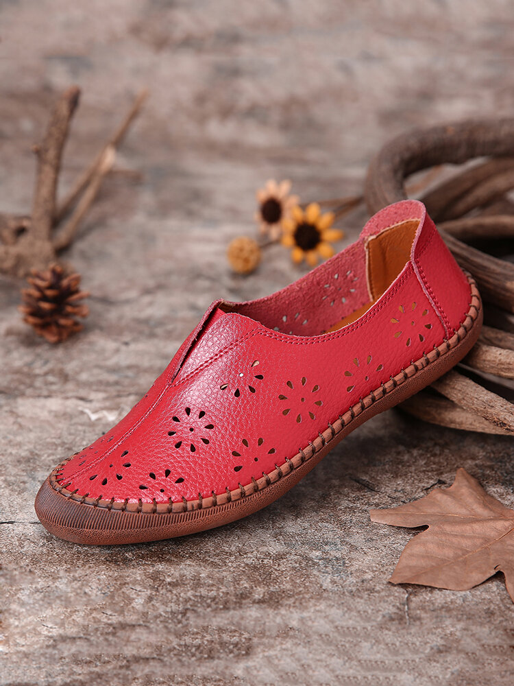 Women Cow Split Leather Hollow Out Breathable Soft Non Slip Women's Casual Loafers