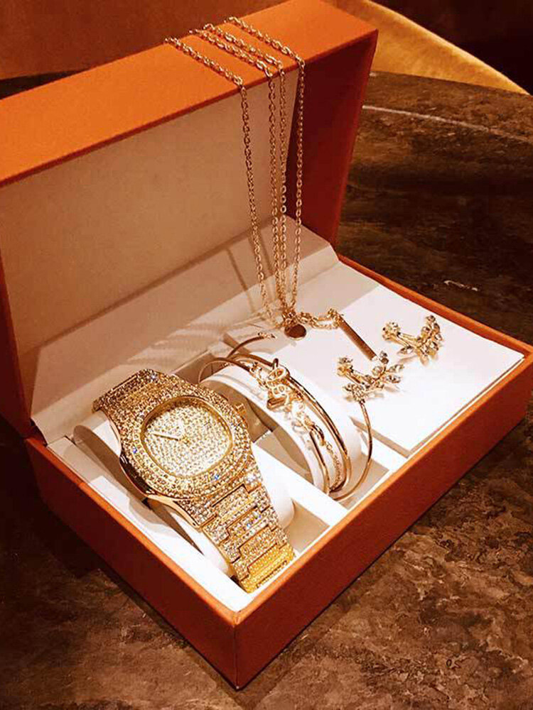 8 Pcs Women Watch Set Inlaid Diamond Watch Leaf Bracelet Set Necklace Earrings Jewelry Kit