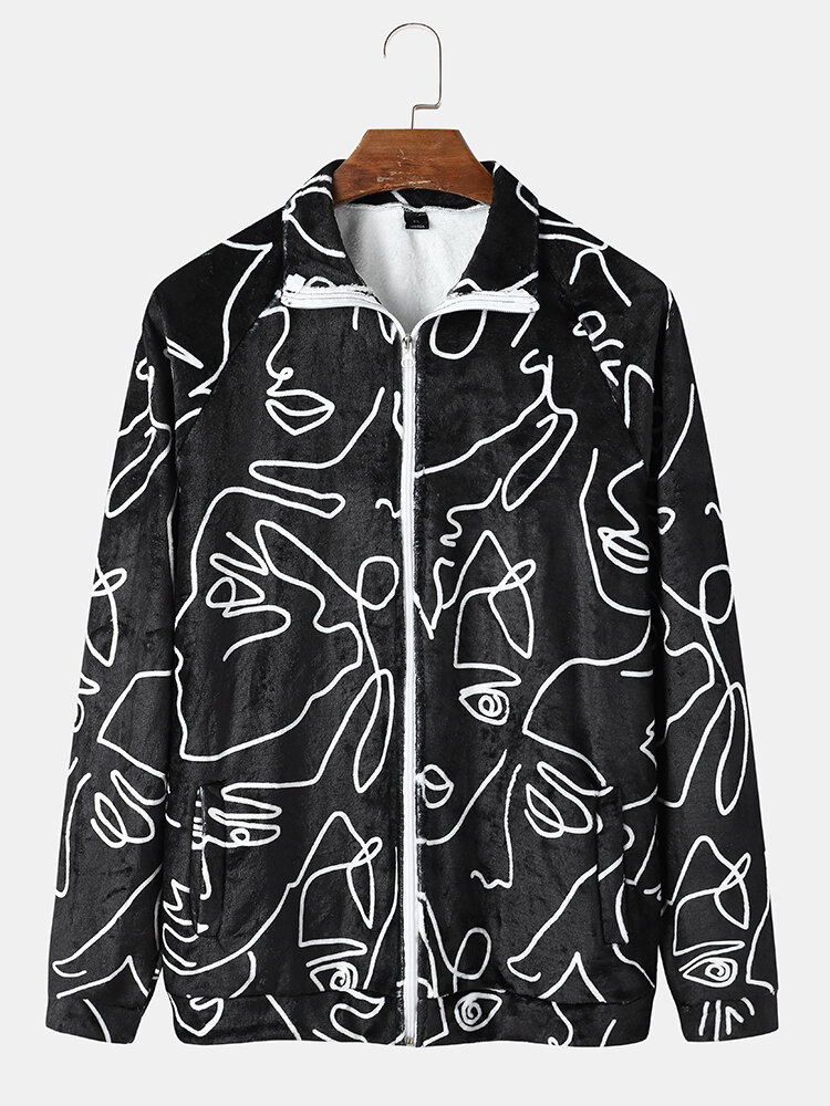 Mens Line Drawing Face Print Zip Front Casual Fleece Plush Jacket