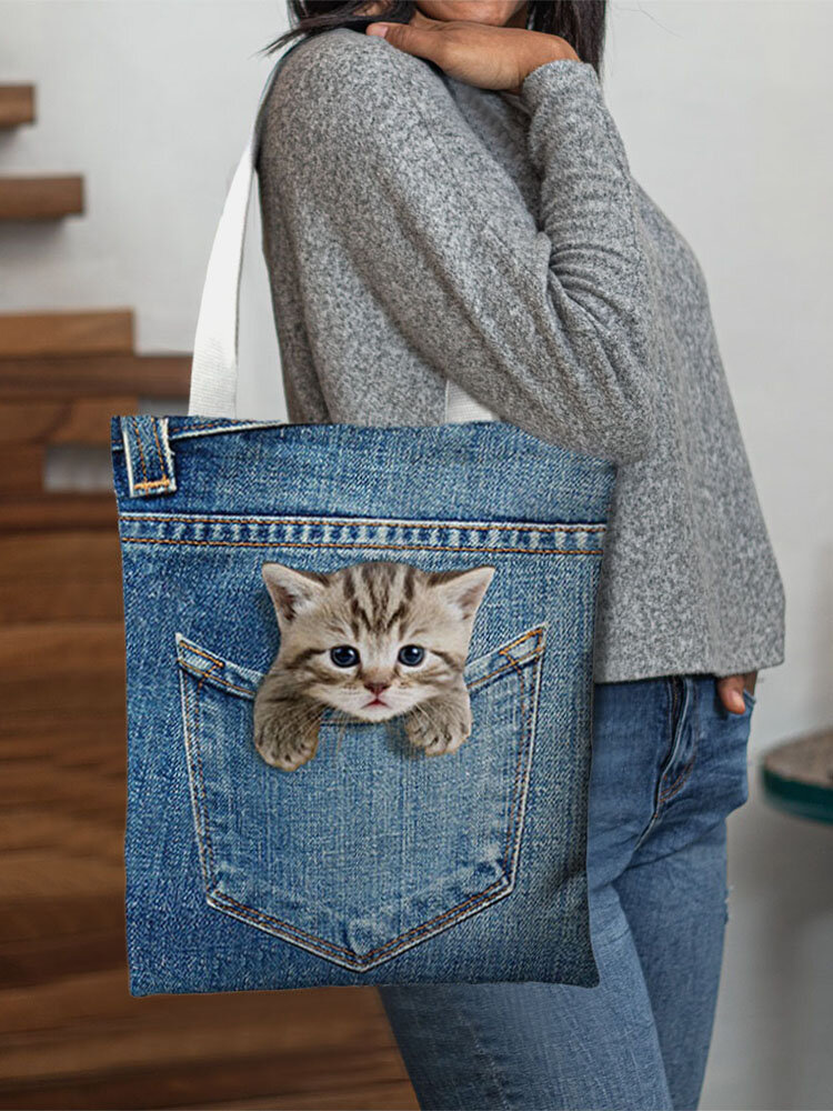 Women Canvas Cat Dog Handbag Tote