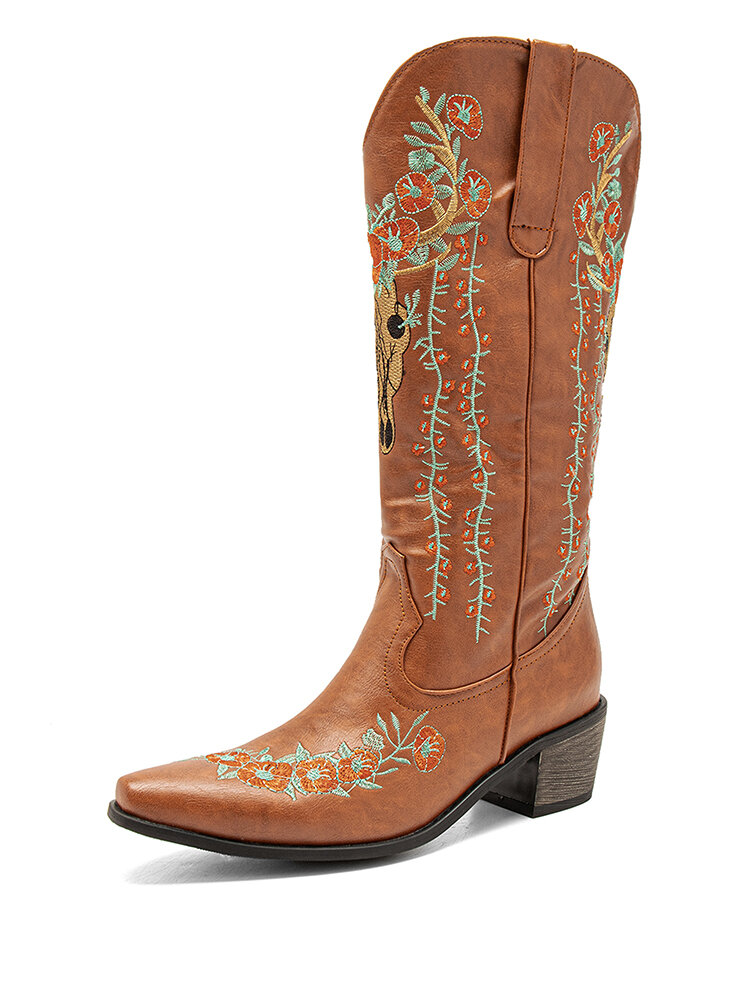 Large Size Women Floral Embroidered Almond-toe Low Heel Cowboy Boots