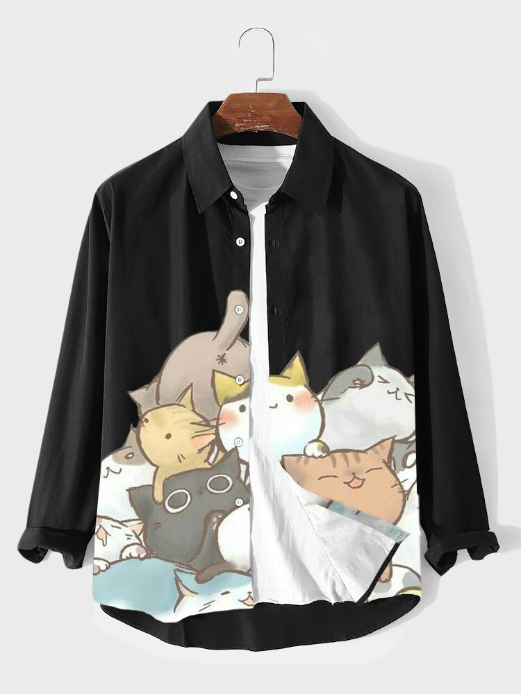 Mens Cute Cartoon Cat Print Lapel Long Sleeve Shirts Winter
