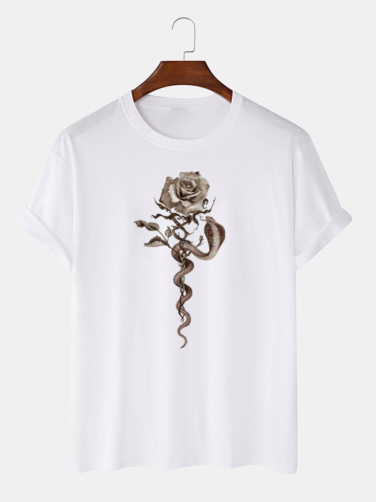 Mens Vintage Floral Snake Print 100% Cotton Short Sleeve T-Shirts