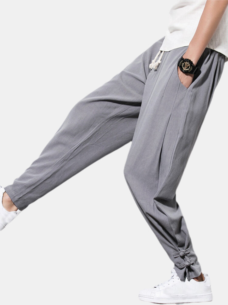 Mens Chinese Style Thick Fleece Warm Adjustable Cotton Drawstring Elastic Straight Pants