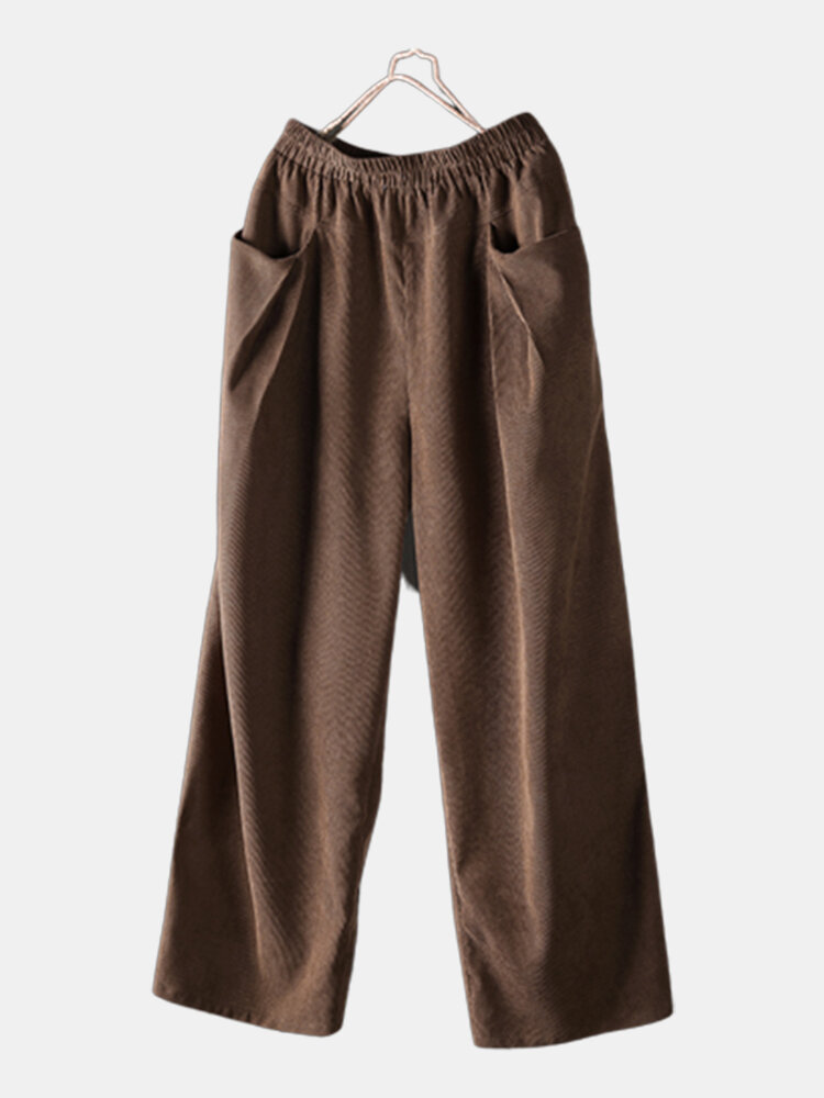 Corduroy Elastic Waist Pockets Plus Size Casual Pants