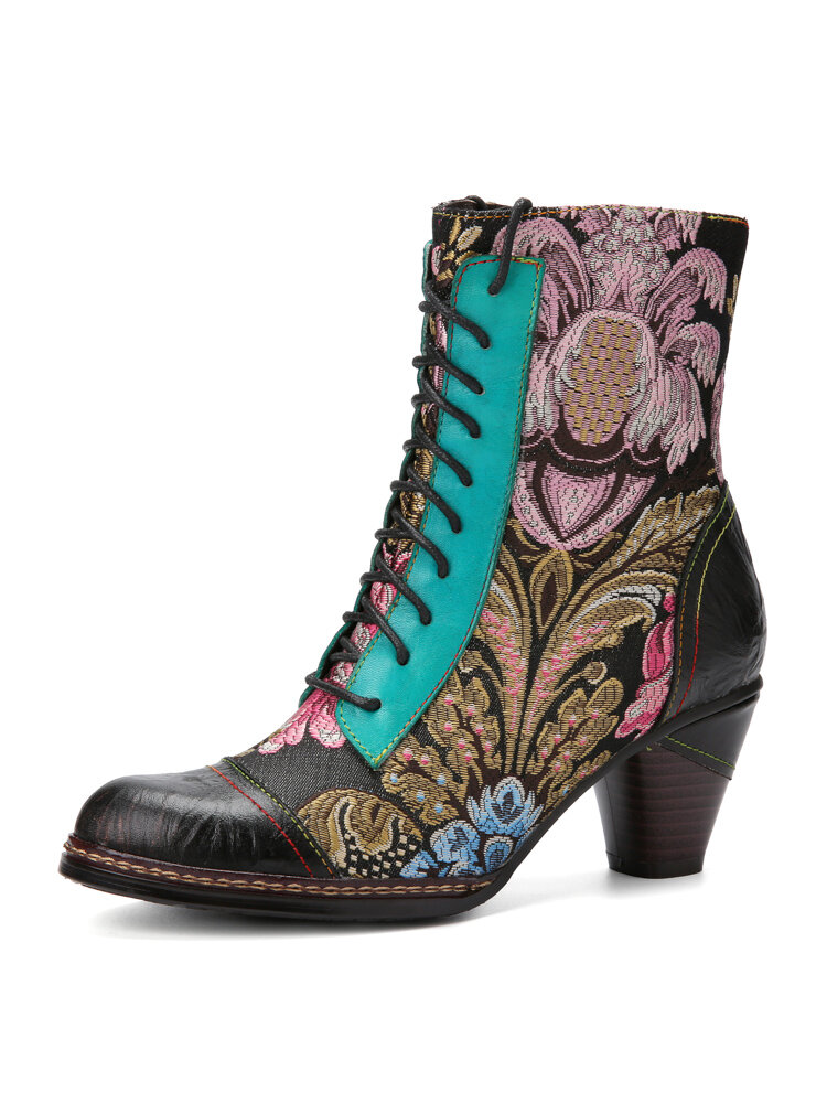 Sокофи Retro Calico Вышивка из кожи в стиле пэчворк на шнуровке Удобные короткие короткие каблуки с молнией сбоку Ботинки
