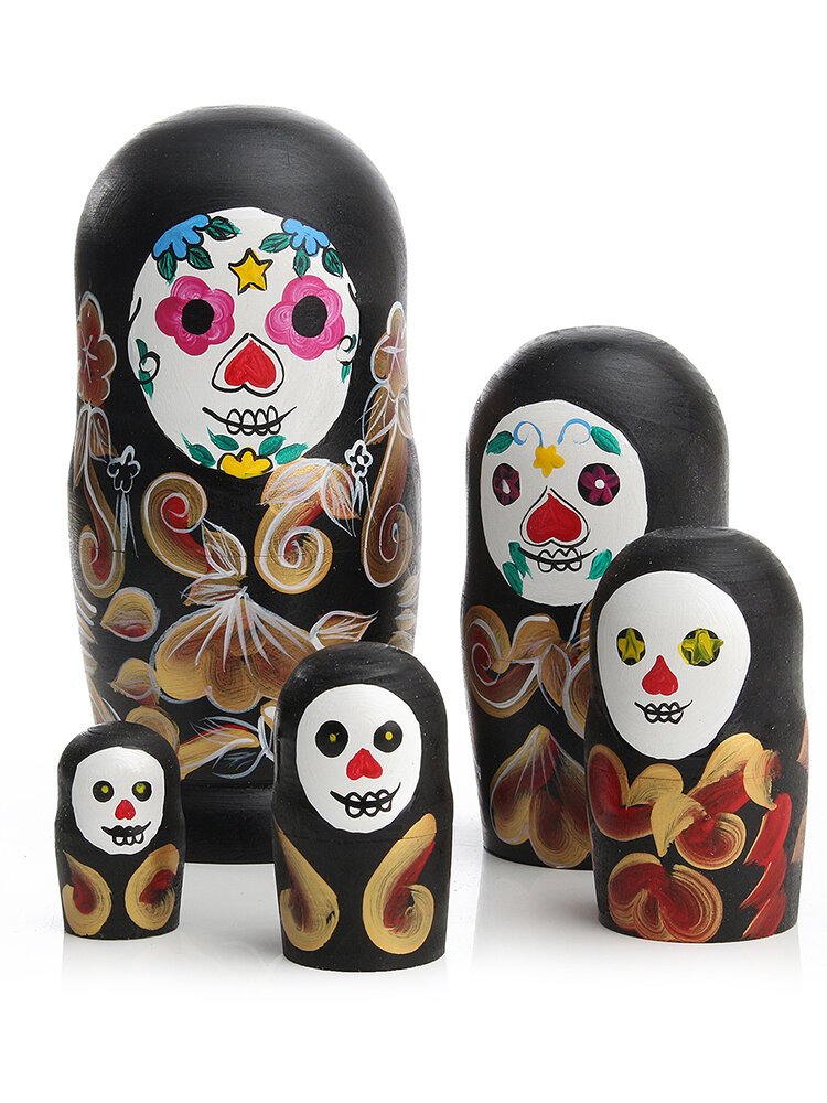 5PCS High Quality Wooden Skeleton Printed Russian Nesting Dolls Crafts Gift