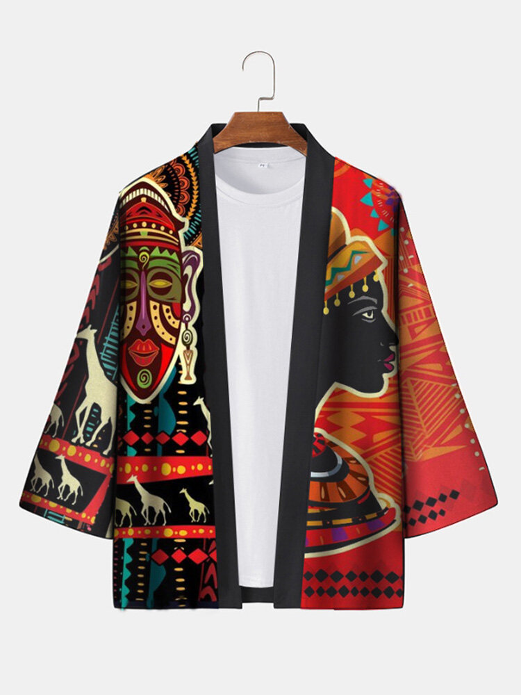 Herren-Kimono mit ethnischem Figurendruck, offener Vorderseite, lockeren 3/4-Ärmeln