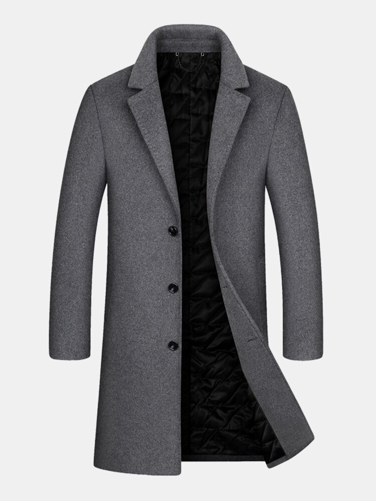 Mens Woolen Pure Color Button Up Business Casual Mid-Length Overcoats