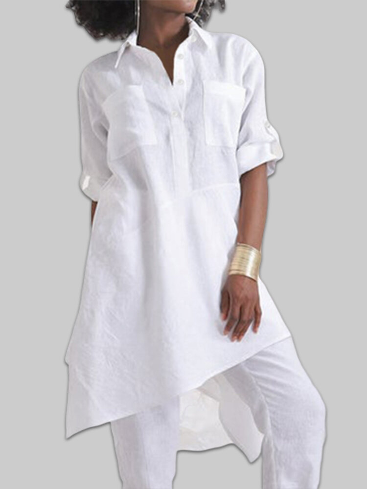 Casual Solid Color Asymmetrical Trim Plus Size Shirt