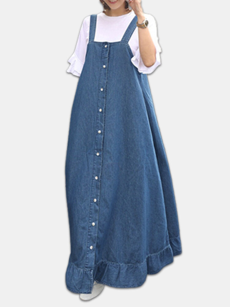 Denim Ruffle Straps Button Sleeveless Plus Size Maxi Dress