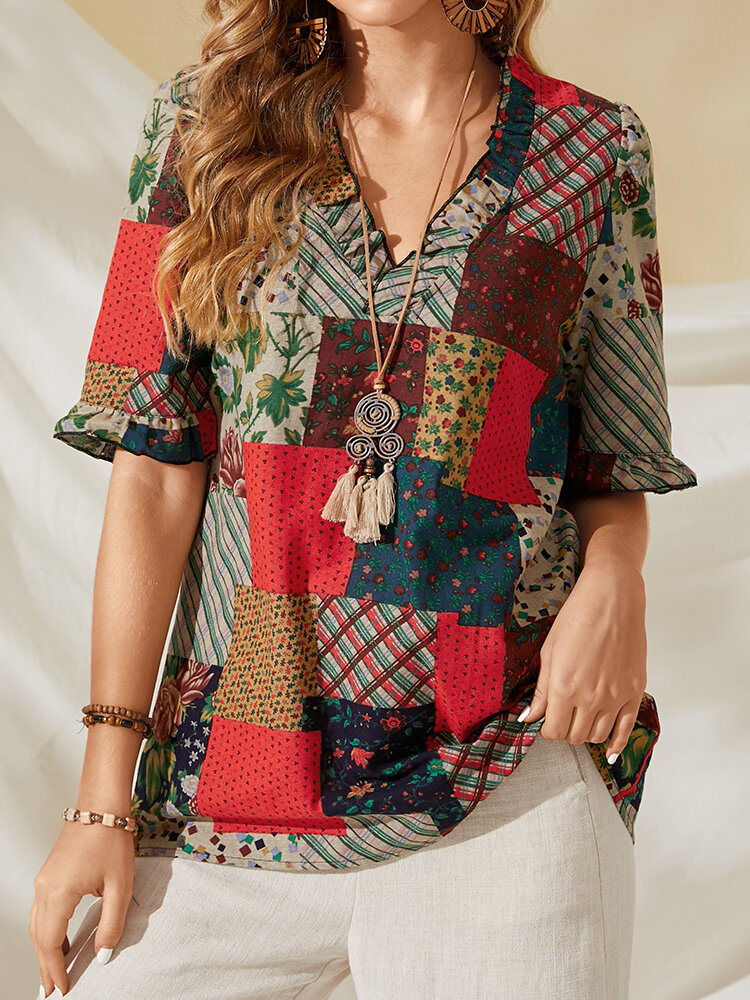 Blusa casual de algodón con cuello en V y estampado de calicó de patchwork de bloque de color