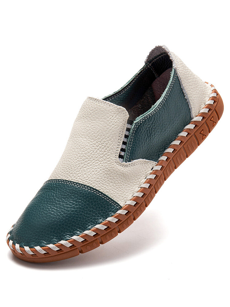 

Men Genuine Cow Leather Hand Stitching Color Blocking Slip On Casual Loafers, Red & white;blue & white;green & white