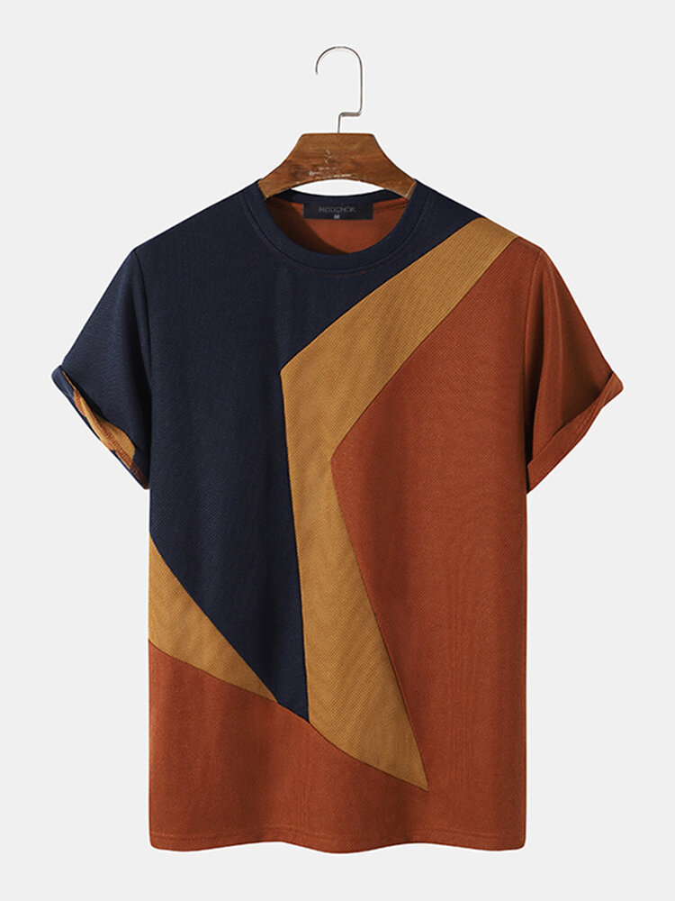 Mens Knit Irregular Color Block Stitching Preppy Short Sleeve T-Shirts