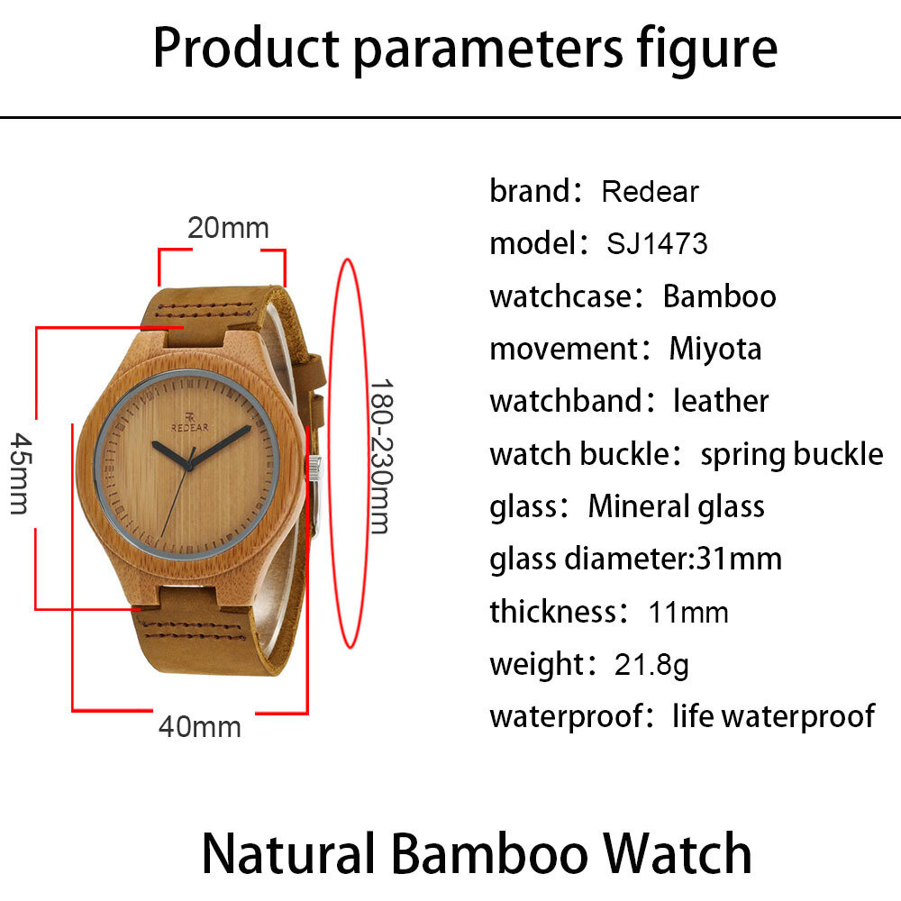 REDEAR Vintage Handmade Natural Bamboo Wooden Watches Genuine Leather Minimalist Watches for Men