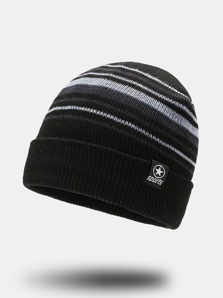Men Knitted Plus Velvet Letter Label Color-match Striped Flanging Windproof Warmth Beanie Hat