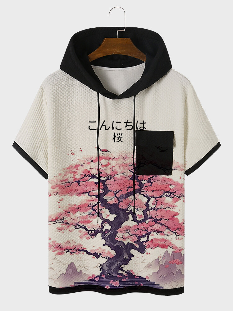 

Mens Japanese Cherry Blossom Print Short Sleeve Contrast Hooded T-Shirts, Apricot