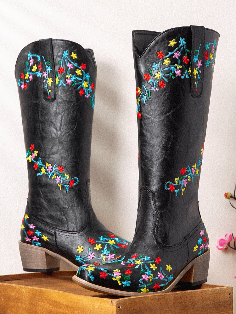Plus Size Women Casual Ethnic Embroidered Comfy Mid-Calf Black Cowboy Boots