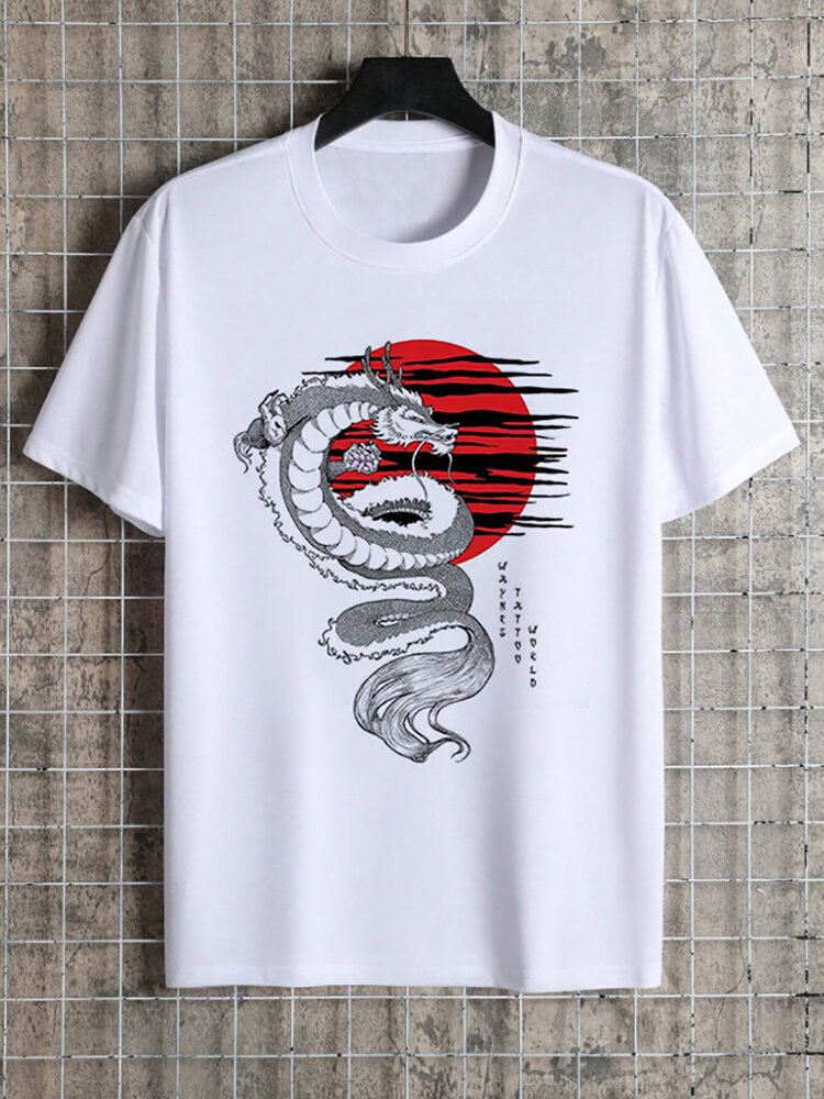 

Mens Japanese Dragon Print Crew Neck Short Sleeve T-Shirts, White