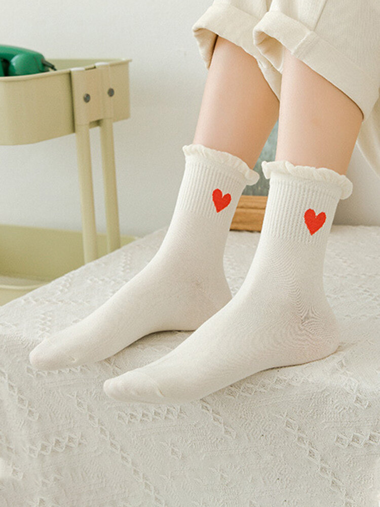 5 Pairs Women Cotton Lace Love Heart Simple Warmth Sweat-wicking Fashion Tube Socks