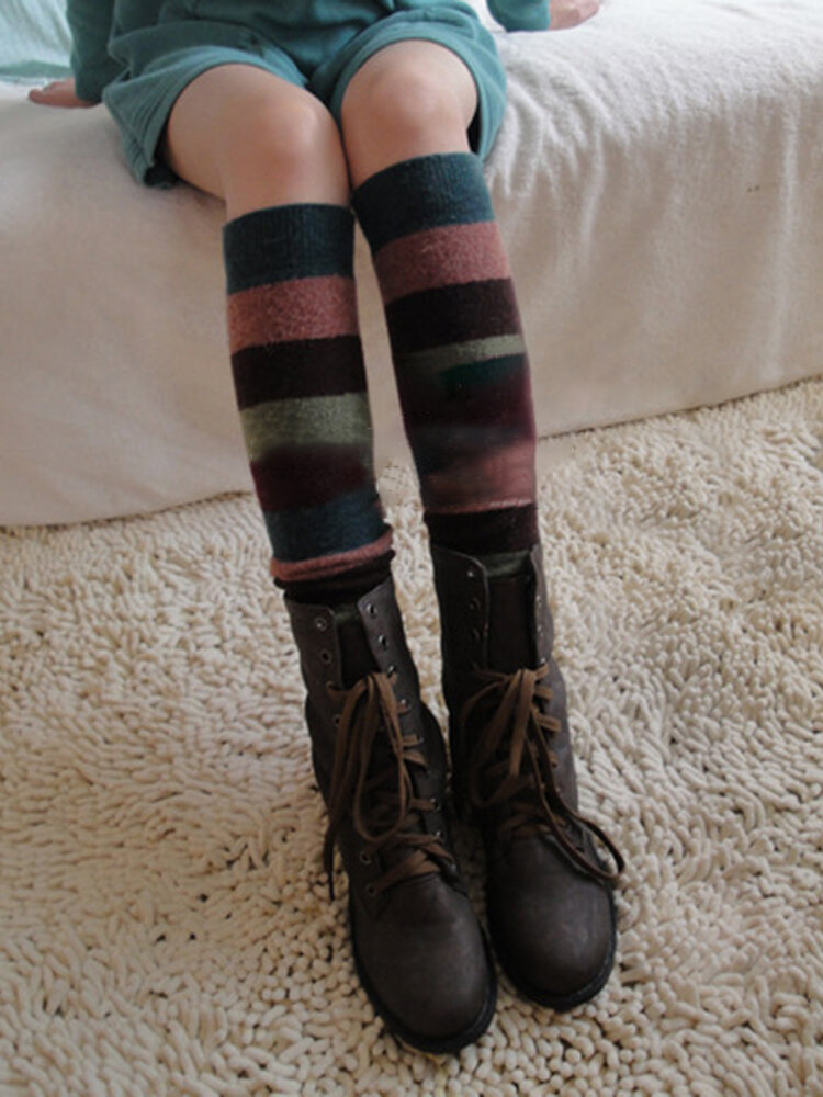 Women's Compression Socks Striped Wool Cashmere Socks Set Knee Warm Boots Set Knee Socks 