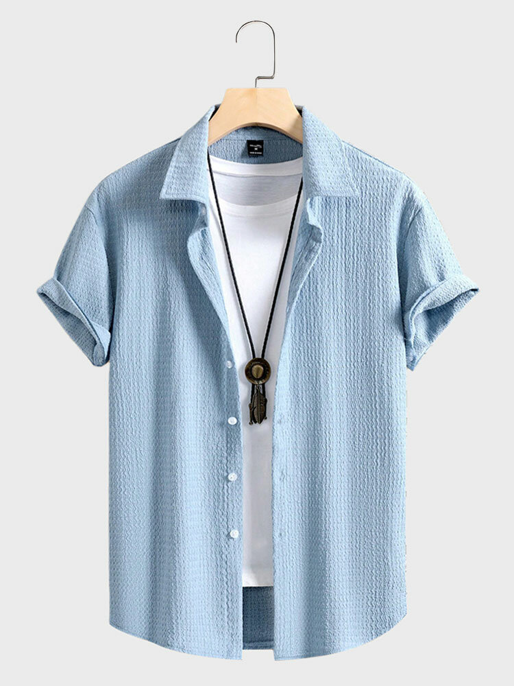 Mens Texture Solid Lapel Button Up Casual Short Sleeve Shirts
