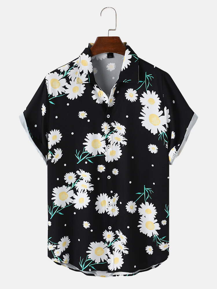 Mens Daisy Floral Print Button Up Holiday Short Sleeve Black Shirts