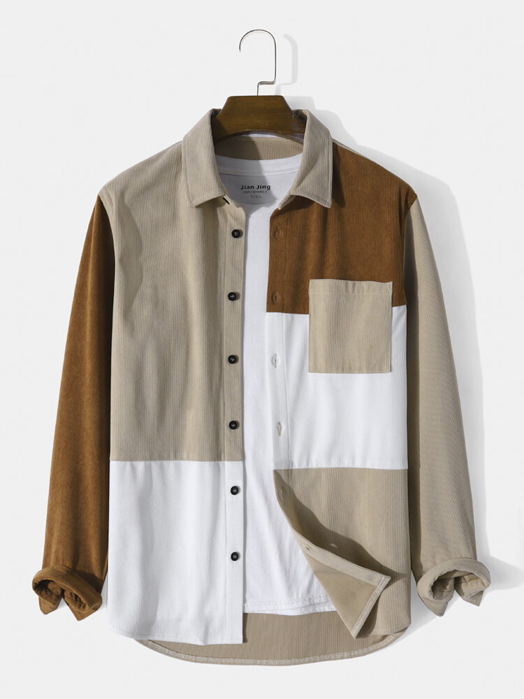

Corduroy Colorblock Patchwork Shirts, Khaki