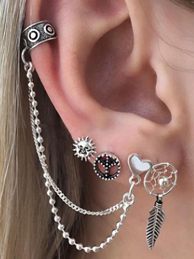 Punk Alloy Peace Symbol Sun Leaf Heart Stud Earrings 4 Pcs/set Earrings for Women
