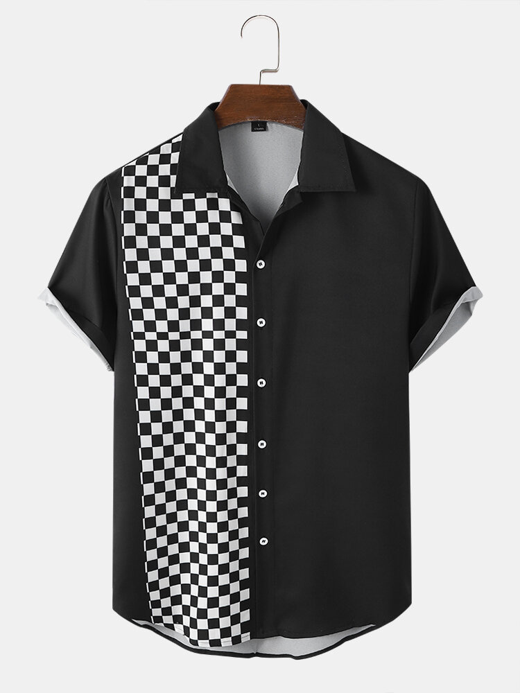 Mens Black & White Checkerboard Button Up Preppy Short Sleeve Shirts