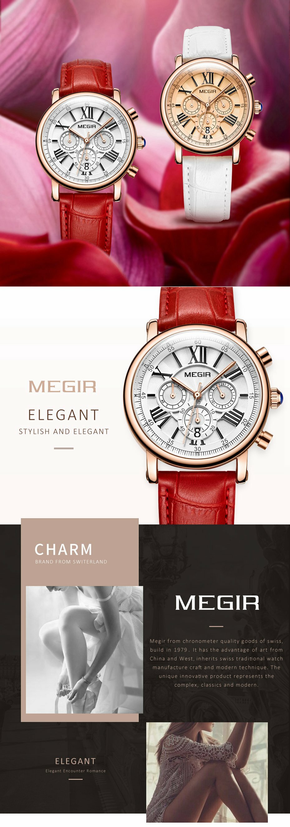 Elegant Ladies Luxury Watch Big Roman Number Date Red White Leather Strap Quartz Watches for Women