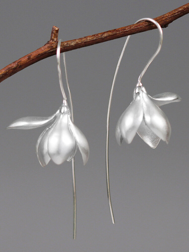 925 Silver Plated Women Earrings Simple Flower Pendant Hook Earrings
